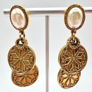 Vintage 1928 Faux Pearl Cabochon Sunburst Coin Drop Dangle Earrings Antiqued